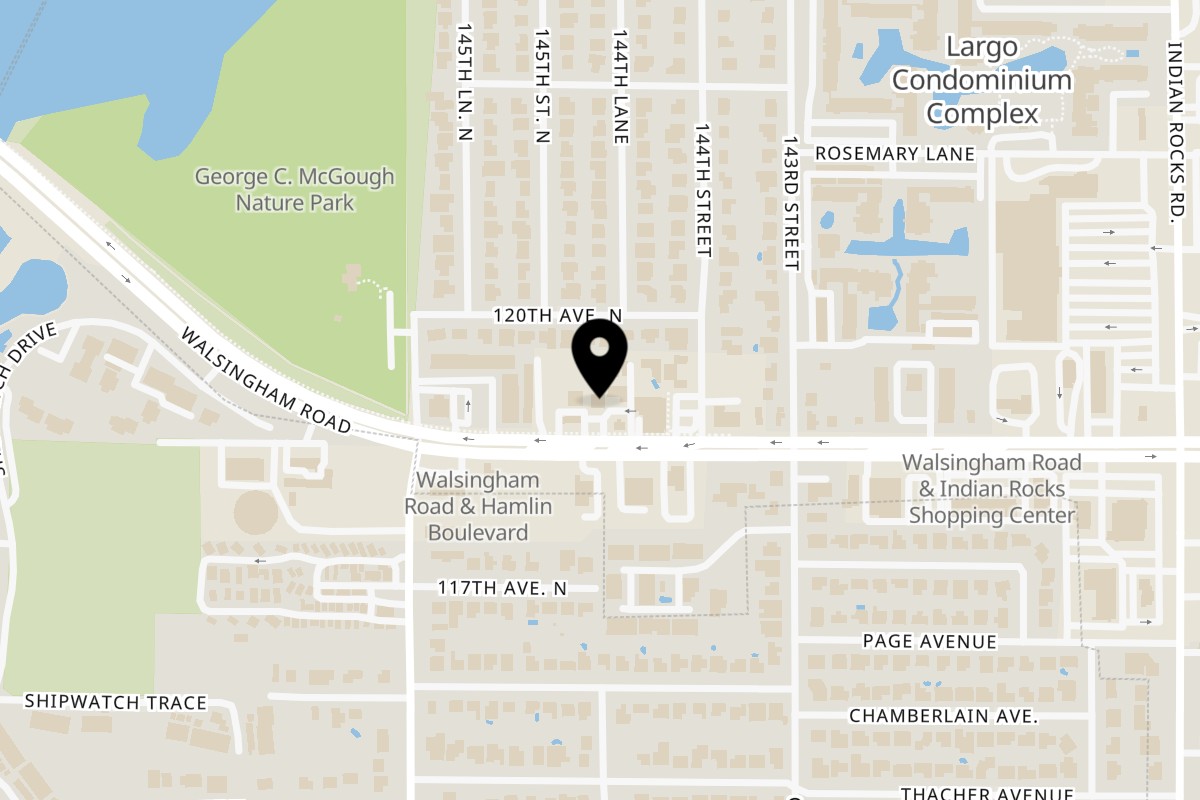 Map showing the location of Mike's Pizza and Pub on 14477 Walsingham Rd in Largo